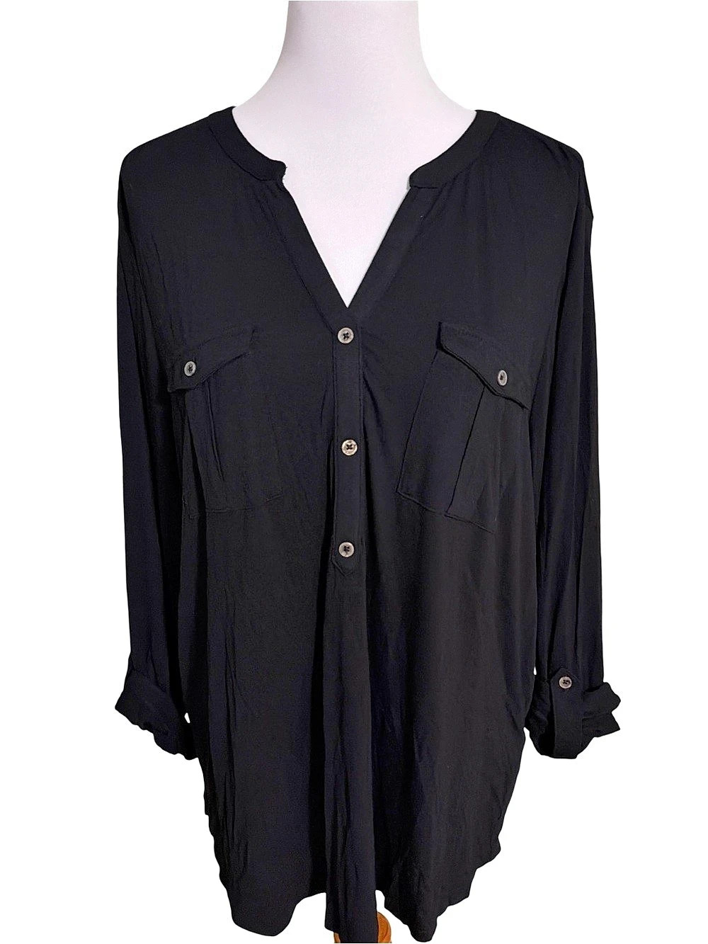 Style & Co Split-Neck Long-Sleeve Button-Front Blouse Black